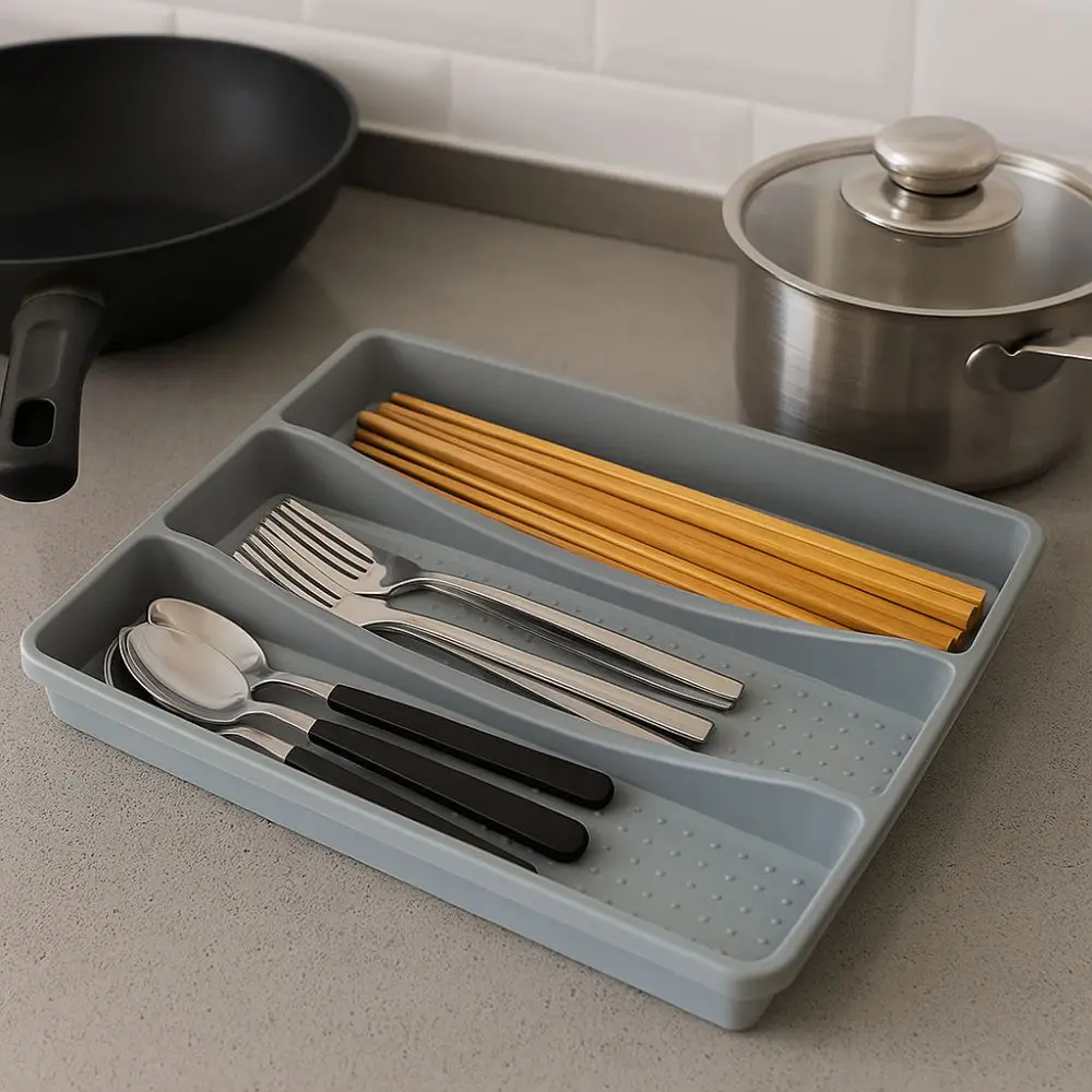 

3 Compartments Utensil Organizer Tray Non-Slip Household Cutlery Storage Box Space-Saving Kitchen Gadget Divider Tray