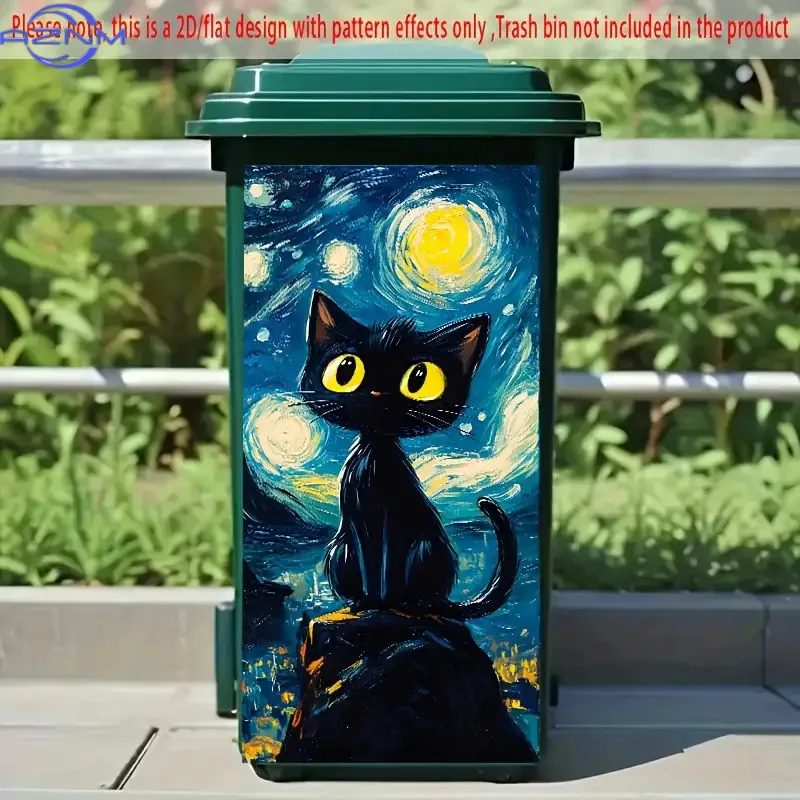 1pc Big Eyed Black Cat Under the Starry Sky 2D Flat Trash Can Sticker, 37.01x 81.99cm, Glossy PVC, Creative Galaxy Style Wall