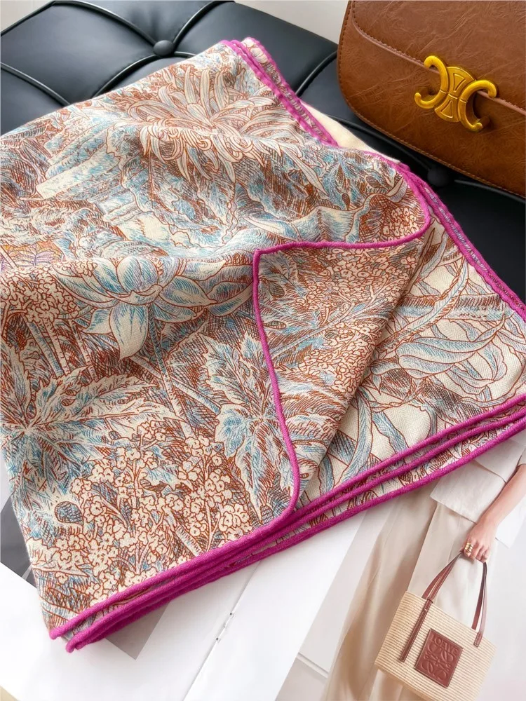 Botanical garden silk real wool scarf large square air-conditioned room shawl paired with a white rose-red