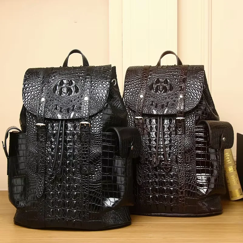 Real Cowhide Leather Crocodile Pattern Men's Backpack Large Capacity Travel Bag Outdoor travel bag  Men's Bag Factory Wholesale