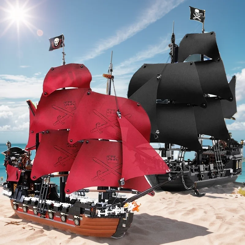 MOC Pirates Of The Caribbean Ship Queen's Revenge Warship Black Pearl Sailboat Building Block Bricks Assembly Kids Christmas Toy