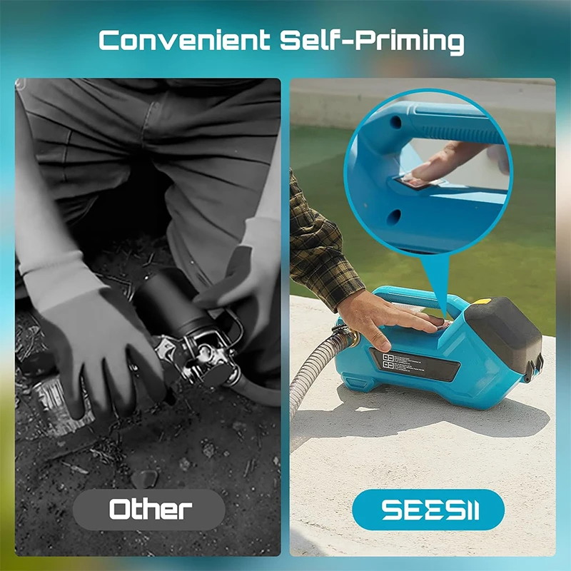 SEESII Cordless Transfer Pump for Water Diesel Electric Utility Pump for Garden, Hot Tub Tank Compatible Makita 18V Battery Pin