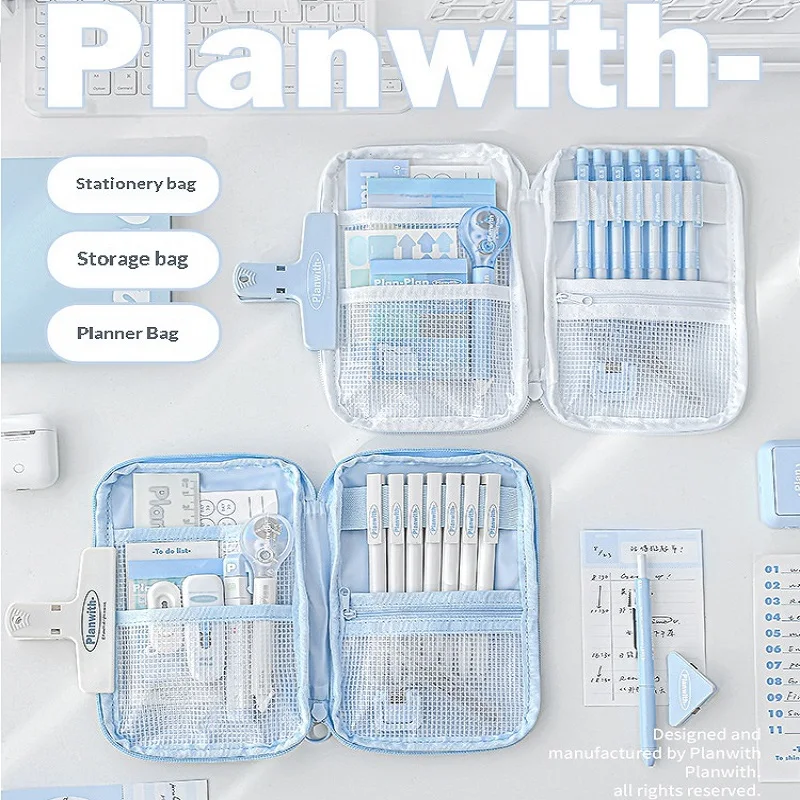 planwith-軽量フラットペンシルバッグ防水分割収納ポーチ大容量ペンケース学校オフィス文具用