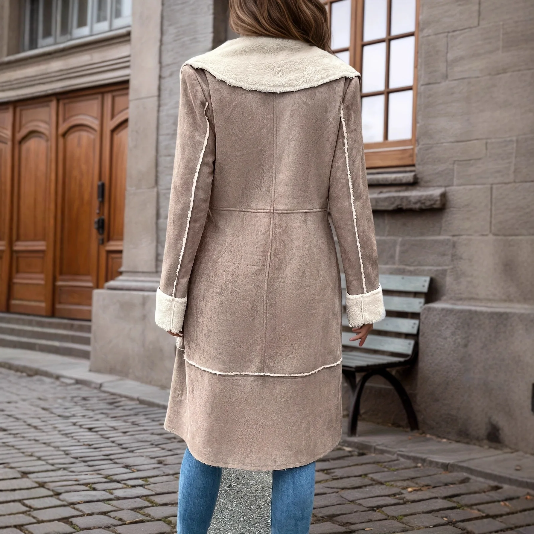 Winter Women's Cotton Jacket  Casual Retro Khaki Color  Medium Length and Plush Warm Jacket