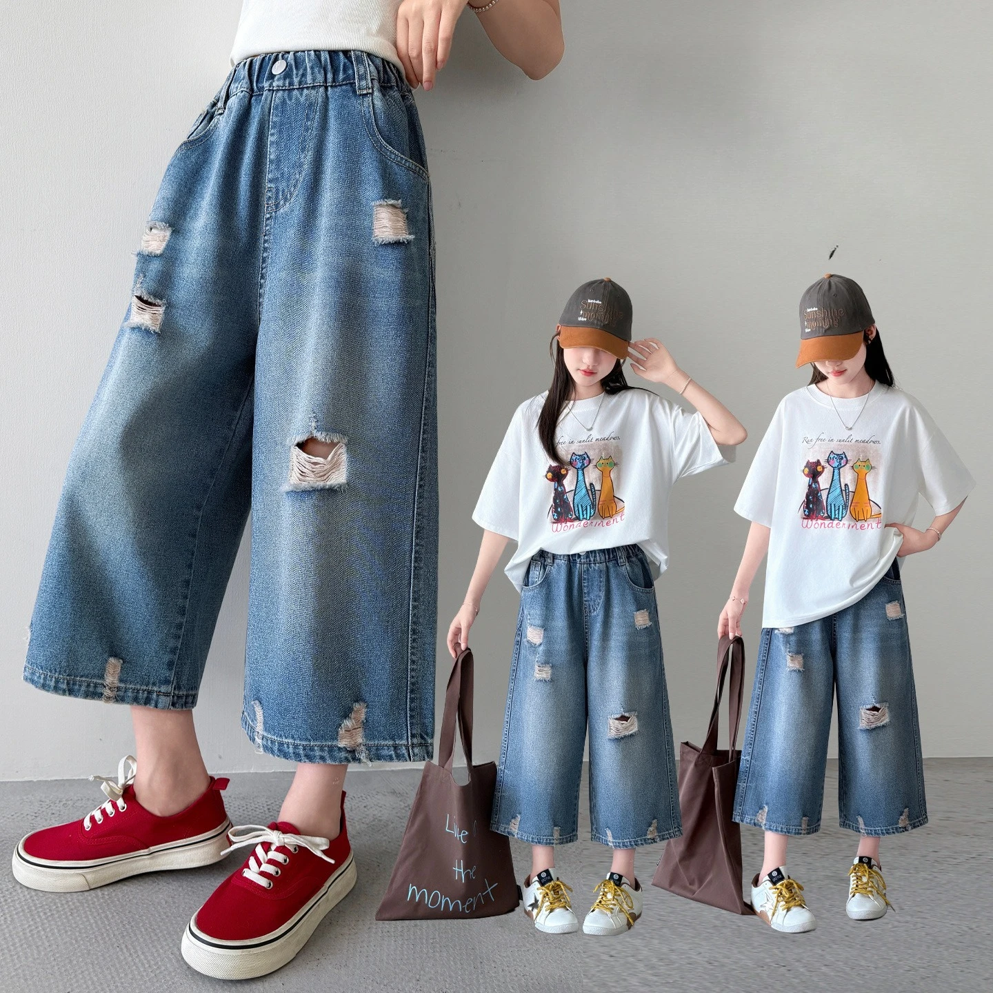 Teens Girls Summer 2Pcs Set Fashion Cat Print Short Sleeve T-shirt + Ripped Denim Capri Pants Kids Loose Casual Daily Wear Suit