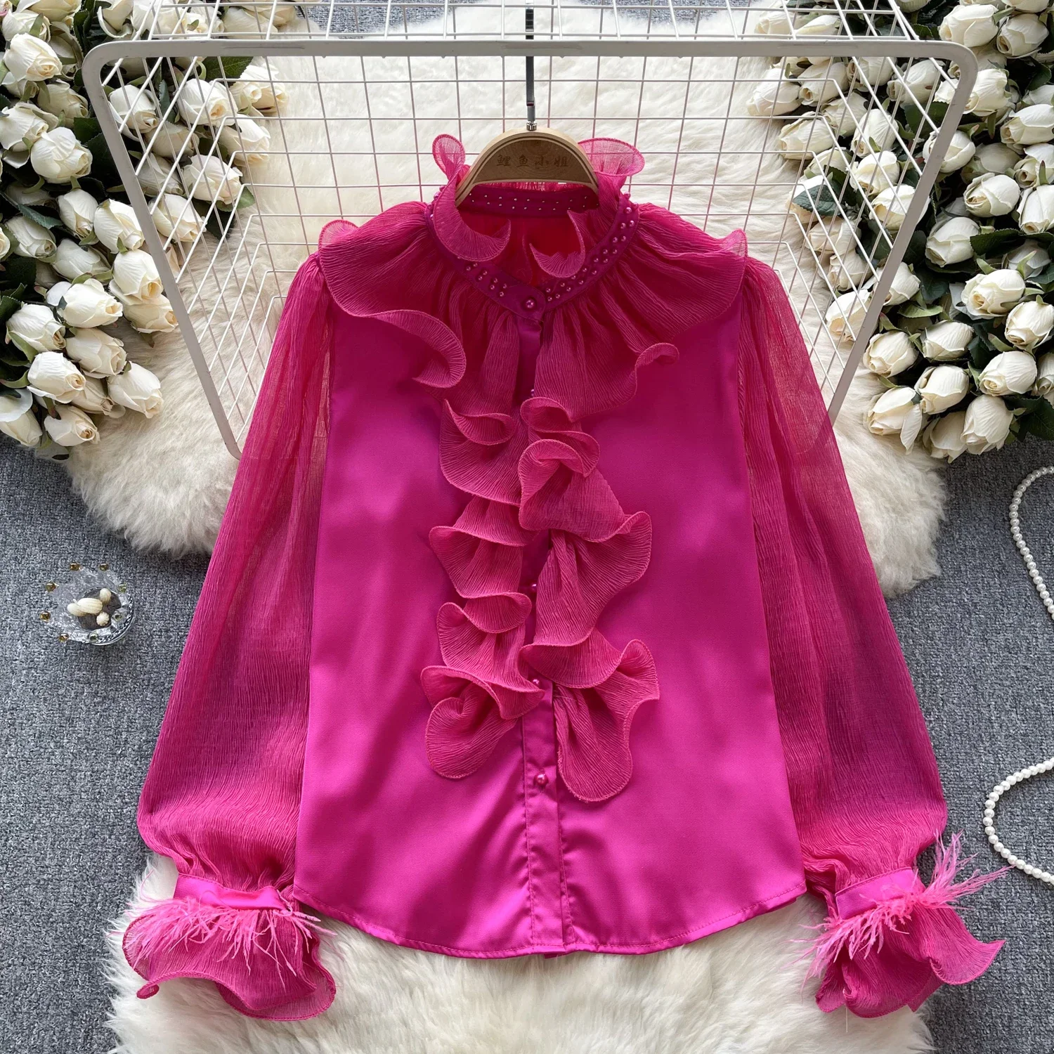 Vintage Stand Neck Basics Long Sleeve Chic Ruffle Slim Single Breasted Chiffon Top Korean Streetwear Women Fashion Autumn Blouse