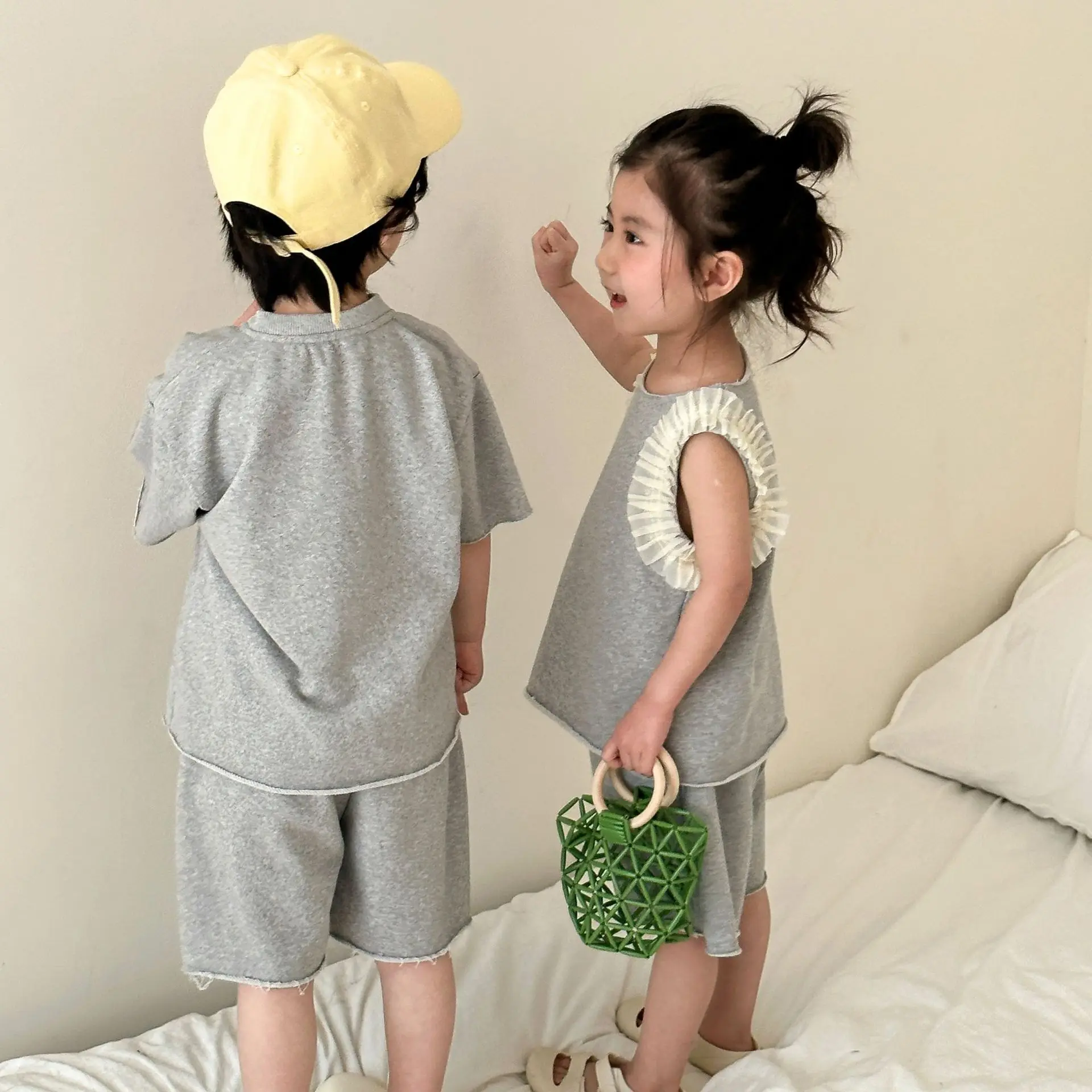 Summer Brother Sister Outfits Boy Baby Solid Loose Sport Short Sleeve T-shirt + Shorts 2pcs Girl Children Cotton Lace Vest Set