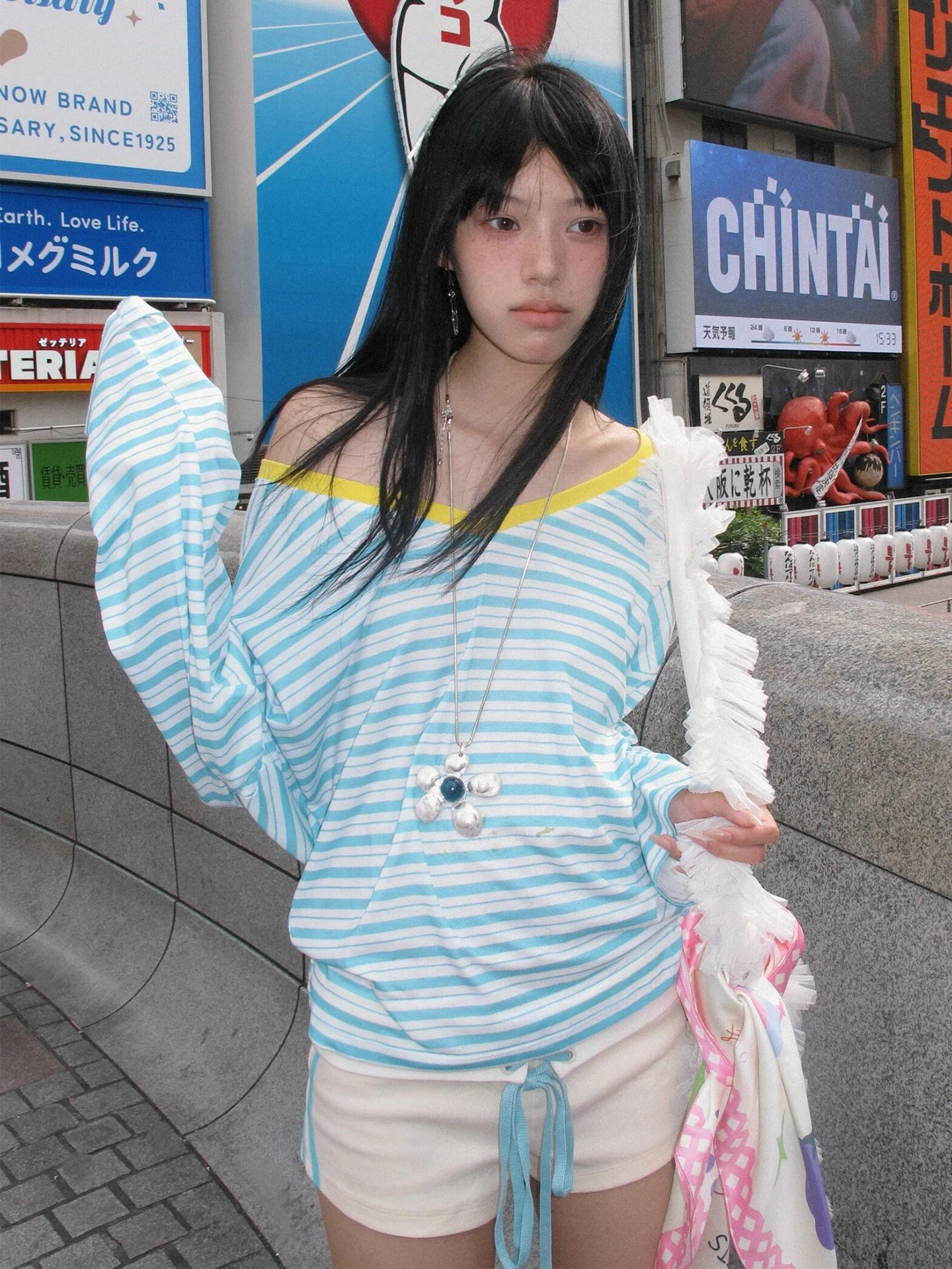 Tonngirls  Japanese Y2k Blue Striped T-shirt Women V-neck Long Sleeve T Shirt Vintage Off Shoulder Loose Tee Tops 2000s Korean