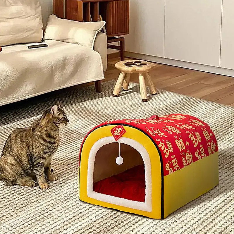 Dog House Kennel Bed New Year Themed Winter Warm Cat Nest Foldable 2 Ways To Use Pet House Cave With Removable Cushion For Small