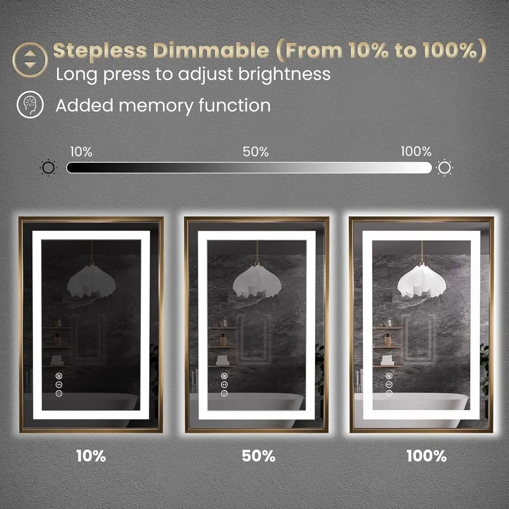 Miroir de salle de bain LED encadré doré avec éclairage avant, rétroéclairé, variable, antibuée, incassable, 3 options de couleurs, 28 x 36