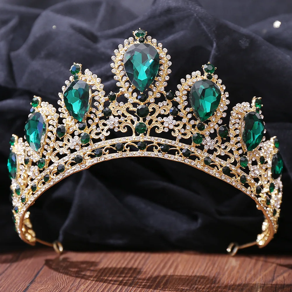 Green Crystal Crown Gold Color Tiaras and Crowns for Women Accessories Rhinestone Hair Jewelry Party  Headpiece Bridesmaids Gift