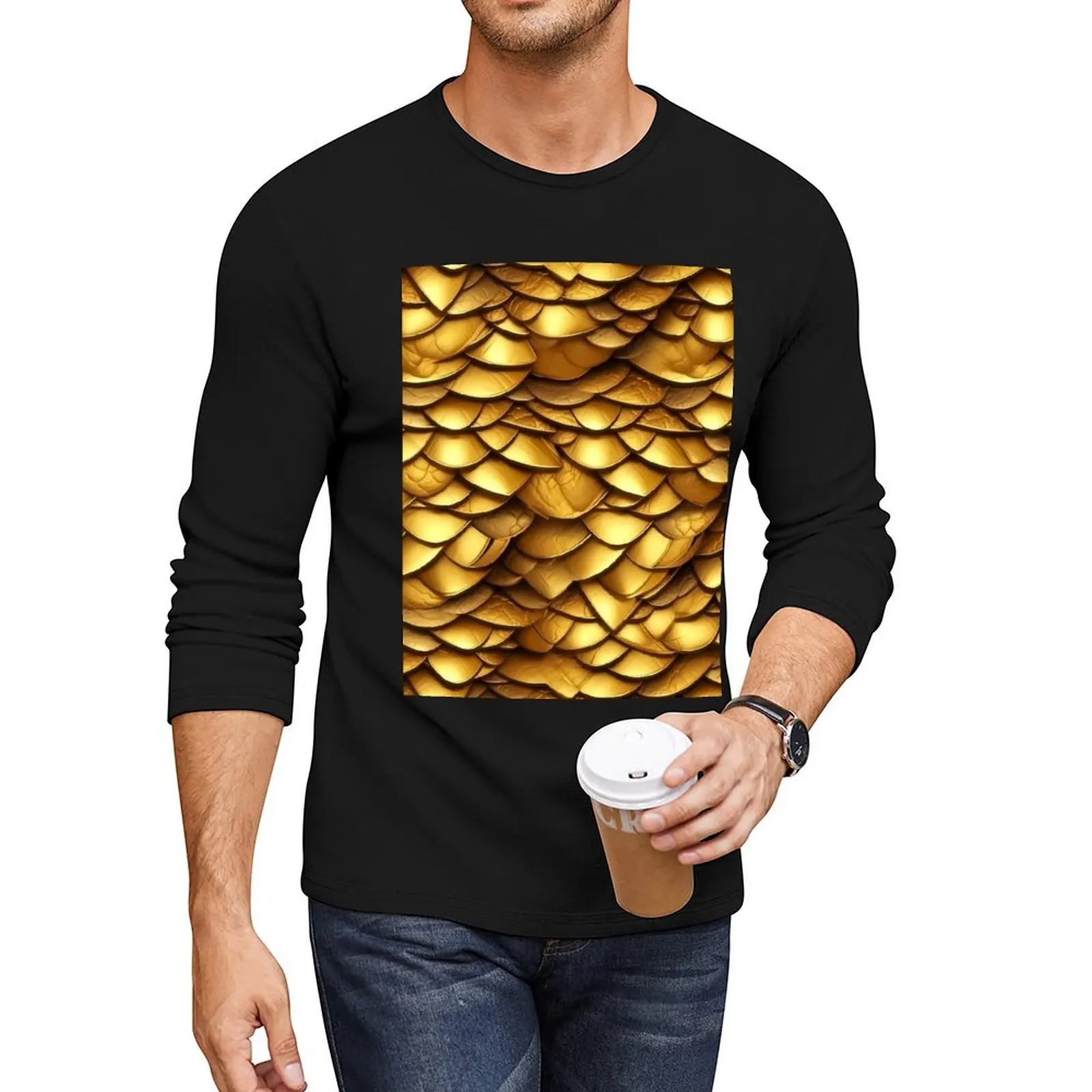 Golden Dragon Scale Design Long T-Shirt graphic t shirt anime clothes men clothings