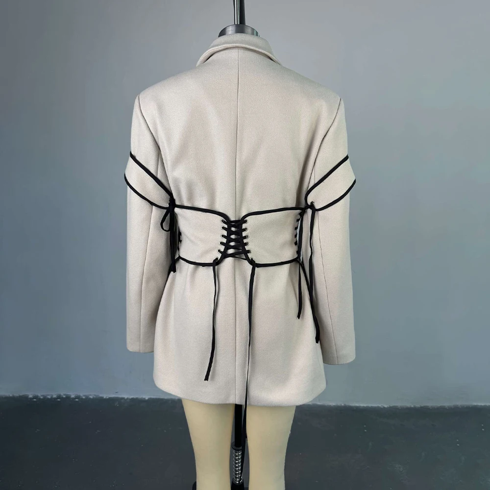 TWOTWINSTYLE Hit Color Spliced Lace Up Slimming Jackets For Women Lapel Long Sleeve Tunic Temperament Chic Coat Female Fashion