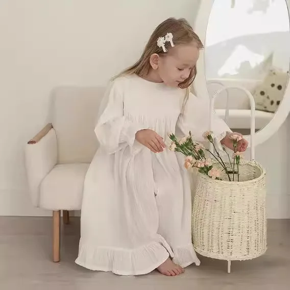 Girls Casual Dresses Northern Europe Autumn Medium Length Causal Children Long Sleeves Dress Simple Solid Fashion 2024