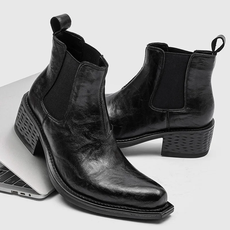 men casual stage nightclub chelsea boots slip-on shoes pointed toe cowboy natural leather boot black designer ankle botas hombre