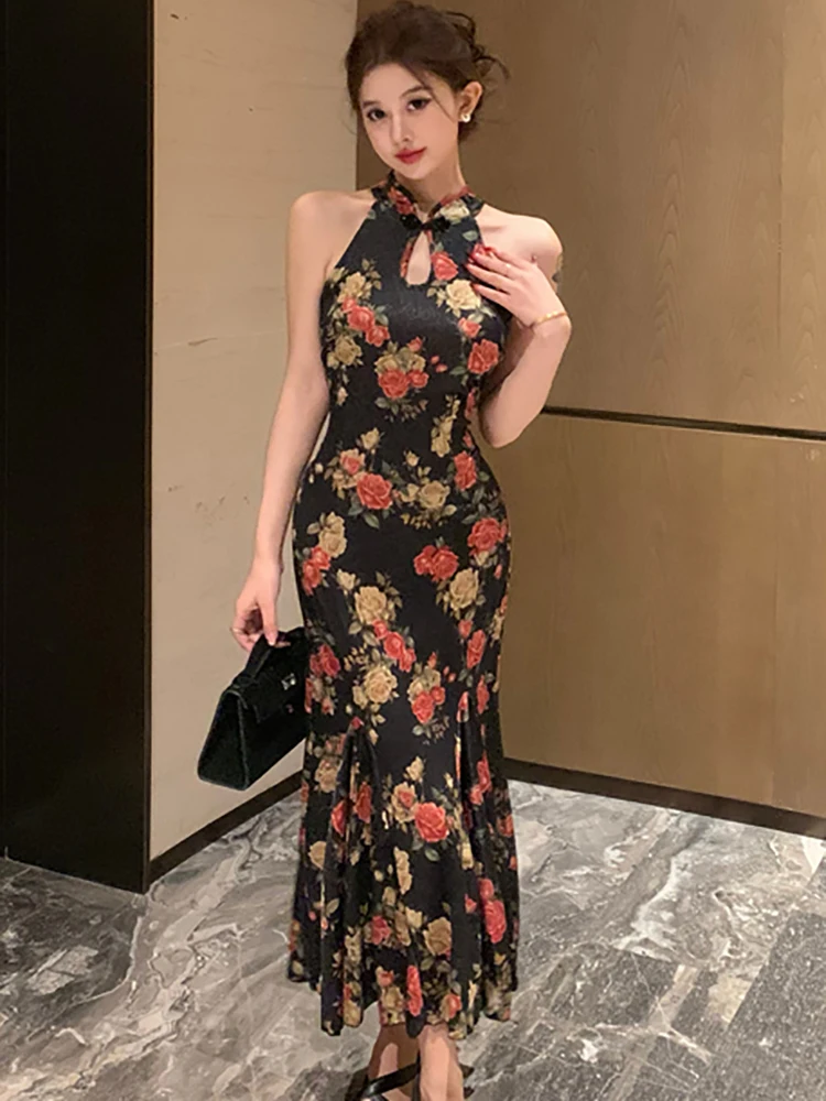 Abito lungo sexy montato al collo floreale moda donna elegante abito arricciato primavera estate 2025 abiti aderenti moda coreana