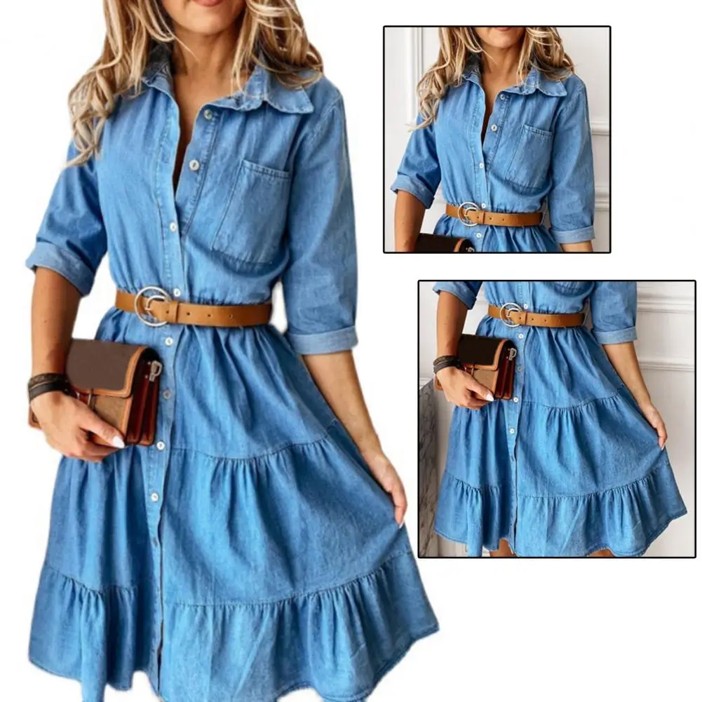 Simple Three Quarter Sleeve Female Dress Easy to Wash Female Dress Turn-down Collar Summer Dress for Going Out