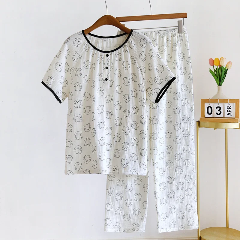 

2024 Japanese New Spring/Summer Women's Pajama Set Cotton Crepe Short Sleeve+Pants Two Piece Cute Cartoon Home Furnishings