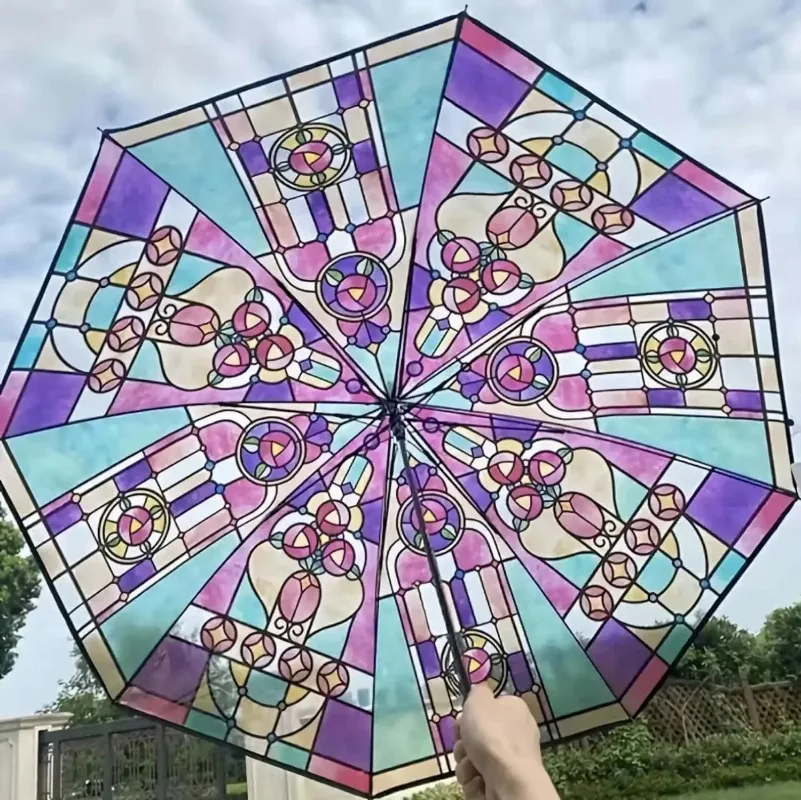 4PCS New Design Retro Palace Style Stained Glass Long Handle Automatic Auto Open Folding Transparent Handle Umbrella