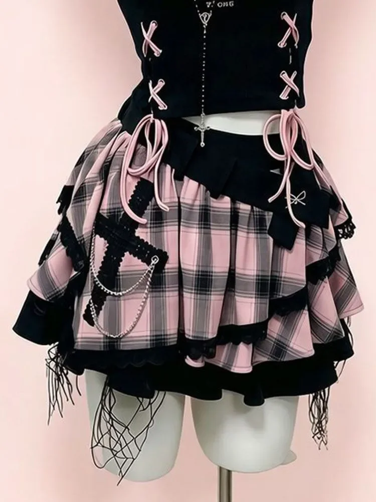 Vintage Y2K Dark Sweet Skirt Set Women Cami Plaid Tiered Skirt Lace Cross Bowknot Top Shirt and Harajuku Outfit Skirt Woman Set view 6