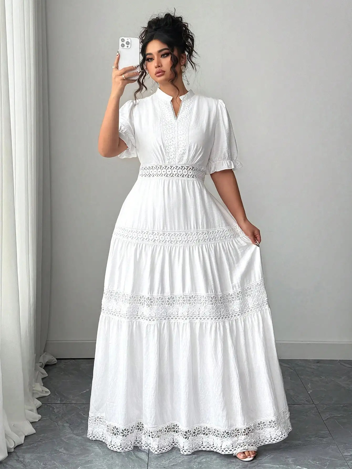 

White Lace Trim V-Neck Bohemian Maxi Dress With Tiered Skirt And Puff Sleeves