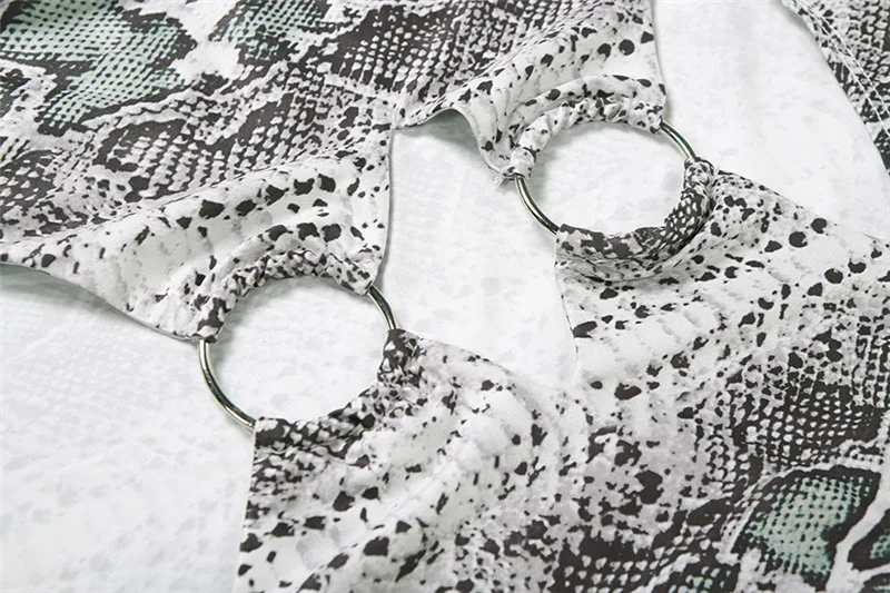 Serpentine Print Metal Rings Hollow Out Bodycon Maxi Party Dress Women Sexy Turtleneck Full Sleeve Peach Hips Clubwear Long Robe