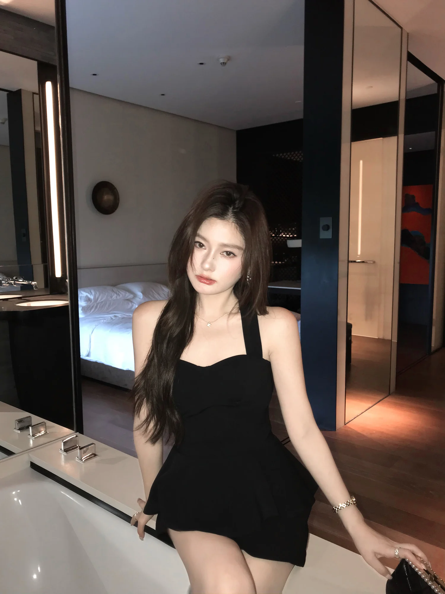 Pusumede Luxury Simple Miss Pure Desire Lotus Leaf Hem Sleeveless Strap Top Women High Waist A-Line Skirt Pants Two-Piece Set