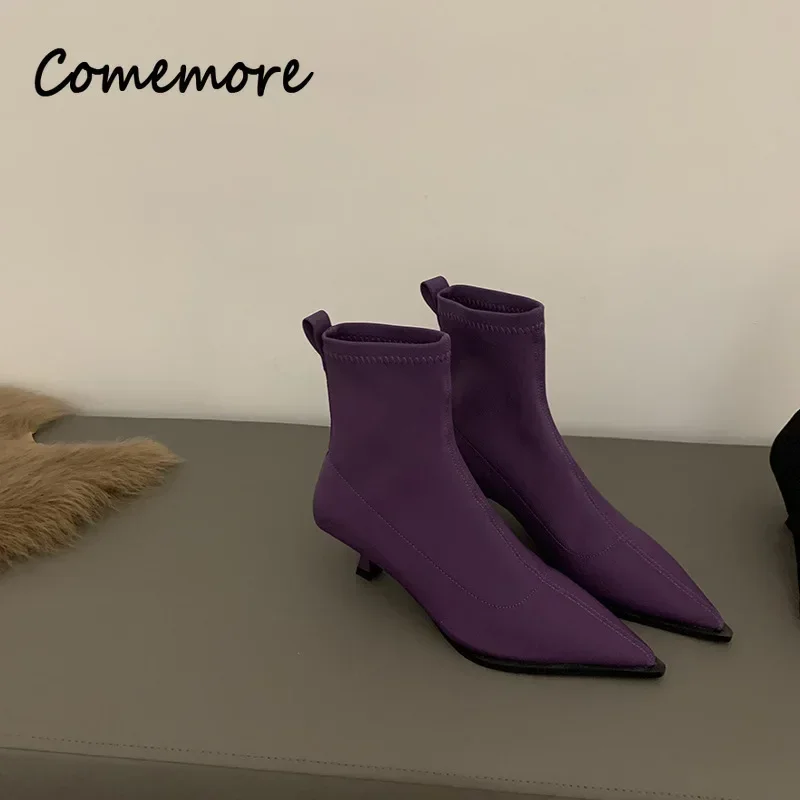 Comemore Ankle Boots Shoes Children 2024 Spring Autumn Shoe Heels Ladies Footwear Designer Slip On Satin High Heel Short Boot 39