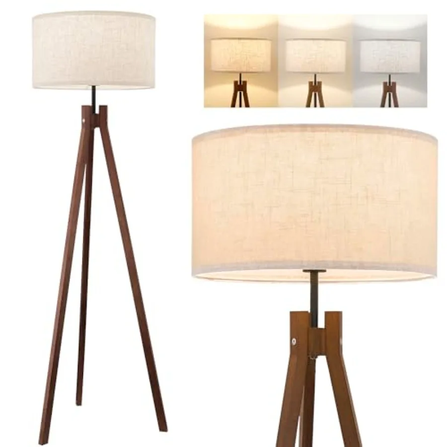 

Wood Tripod Floor Lamp Mid Century Reading Standing Lamp with 3 Color Temperatures and Linen Shade Modern Night Light for Bedro