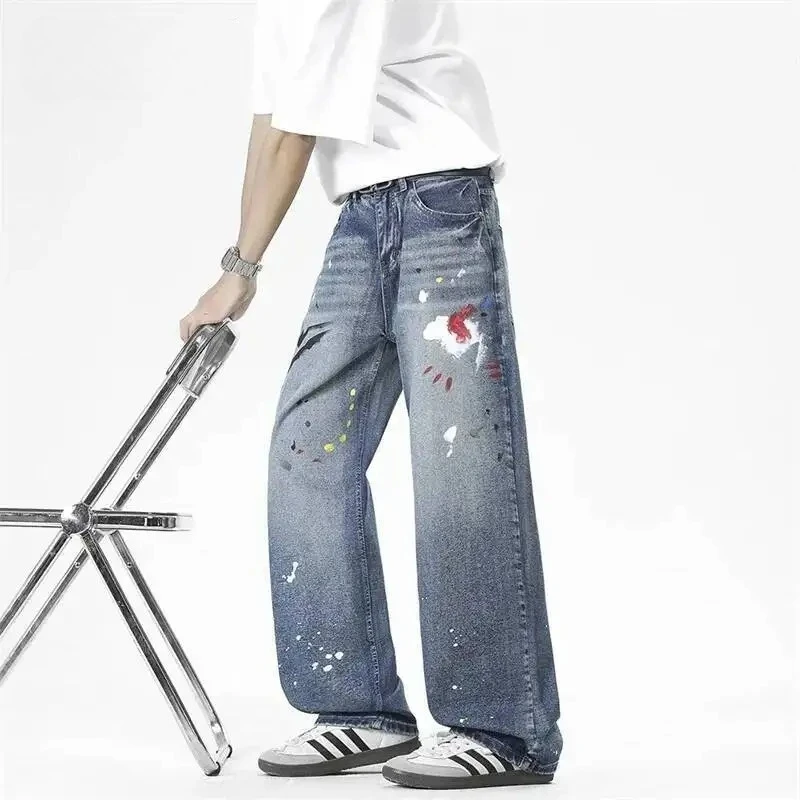 Men's Denim Pants Light Blue Washed Colorful Dot Splash Loose Straigh Tleg Splatter Paint Graffiti High Street Jeans