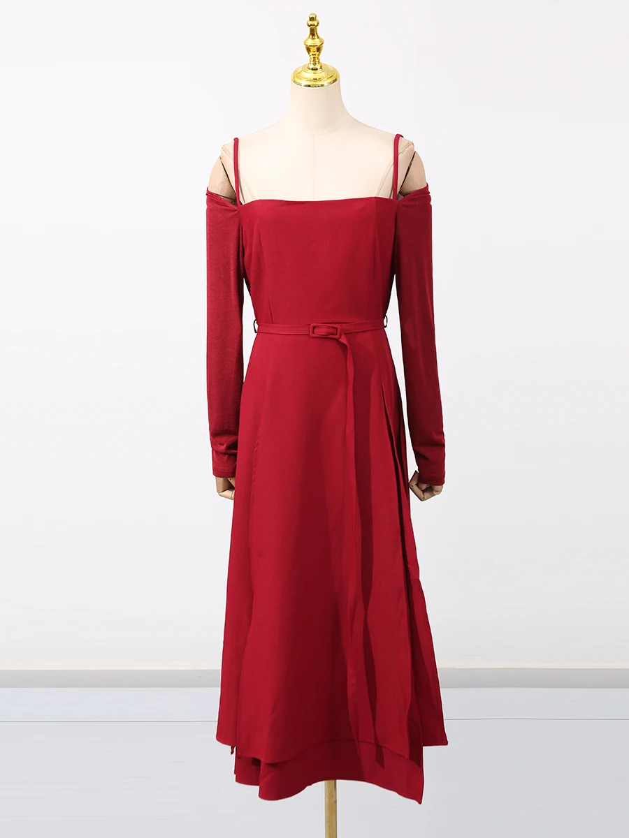 Romiss sólido emagrecimento dividir vestidos longos para mulheres pescoço quadrado manga longa cintura alta temperamento vestido moda feminina nova