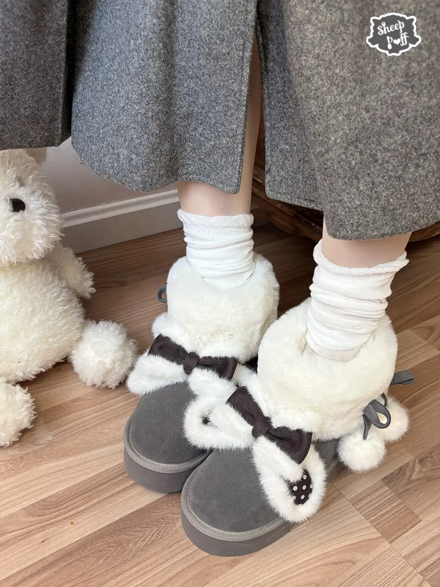 Japanese Sweet Lolita Girl Velvet Lined Bunny Plush Ankle Boots Women's Cute Bow & Pom-pom Decor Lolita Winter Snow Boots