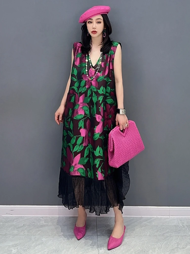 SHENGPALAE Fashion V-neck Sleeveless Tank Dress 2024 Autumn Vintage Elegant Print Flower Trendy Loose Women Vestido Robe 5R2189