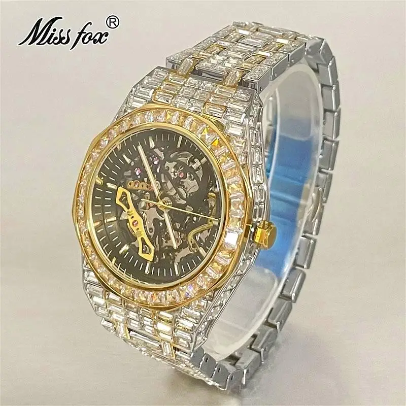 Hip Hop MISSFOX orologi meccanici automatici da uomo Full Square Diamond Silver Bling Watch Tourbillon AAA orologi Relógio Masculino