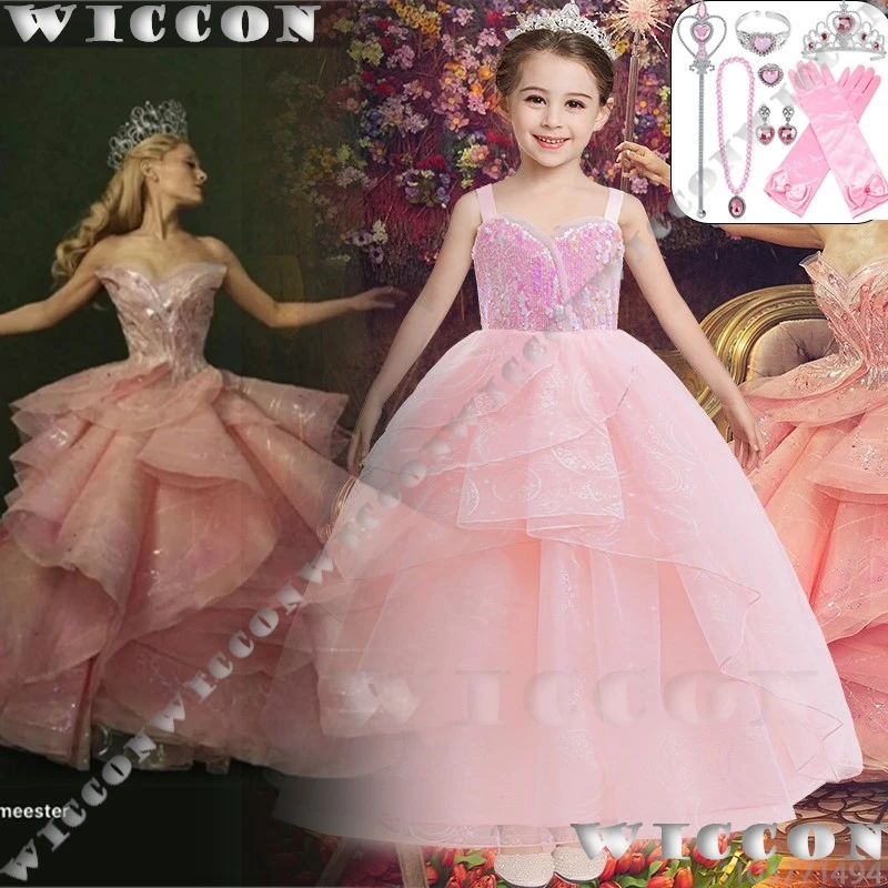 Glinda Princess Movie Wicked Cosplay Costume Prop Chirld Suit Pink Dress 110-160CM Size Wand Girl Holloween Roleplay Customized