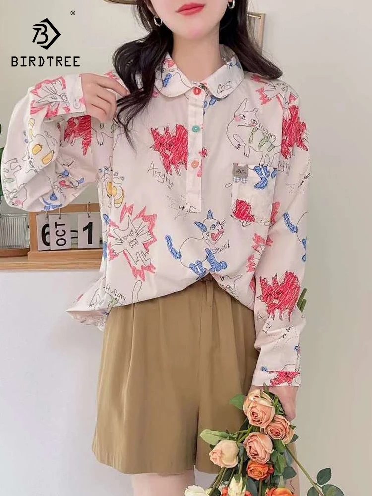 New Autumn Cotton Long Sleeve Shirts, Women Lapel Cartoon Cat Tops, Mori Girl Loose Sweet Casual Blouses, 2024 Winter T48689QC