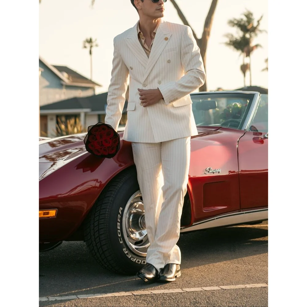 

White Stripe Double Breasted Peaked Lapel Men Suits Wedding Formal Party Fashion Man Sets 2 Pieces (Jacket+Pants) Banquet Sets