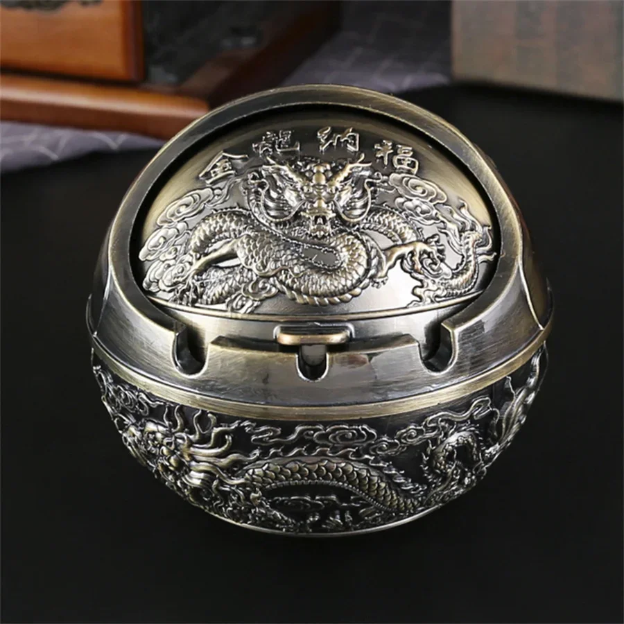 

1 dragon patterned spherical metal ashtray with lid design, suitable for living room and office desktops