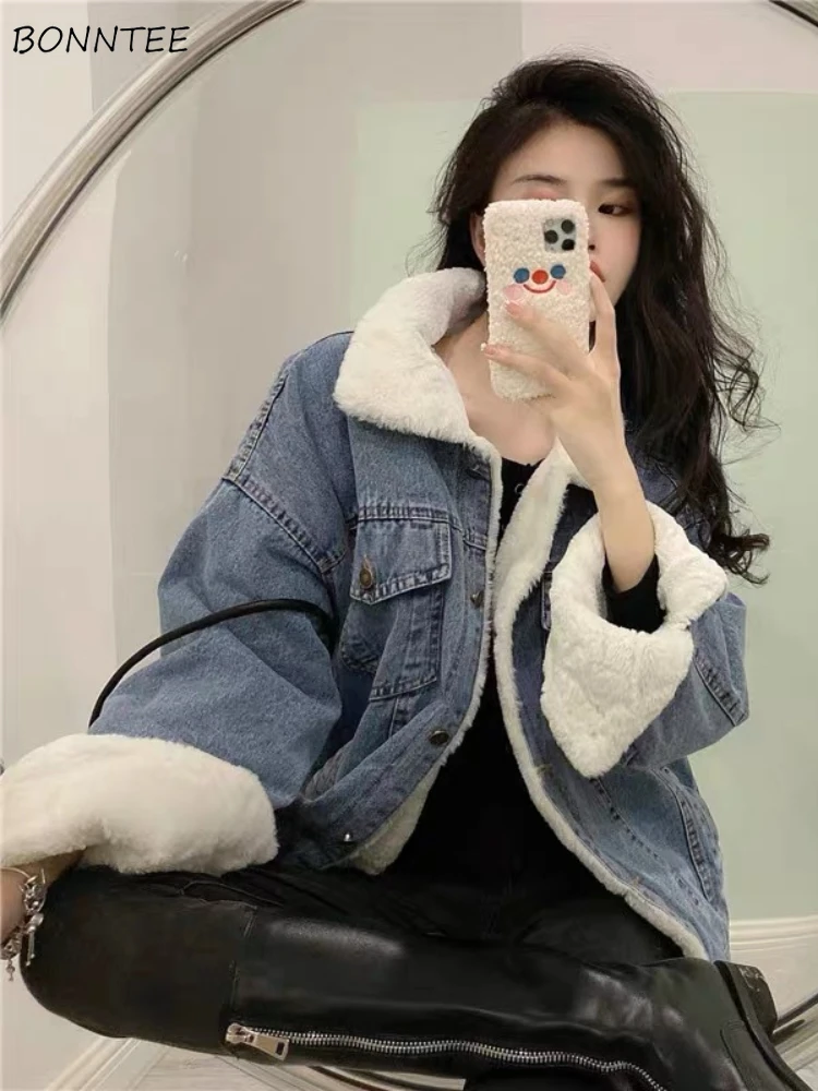 

Jackets Women Plus Velvet Thickened Lambswool Denim Autumn Winter Korean Style Student Warm Winter Casual Popular Streetwear Ins