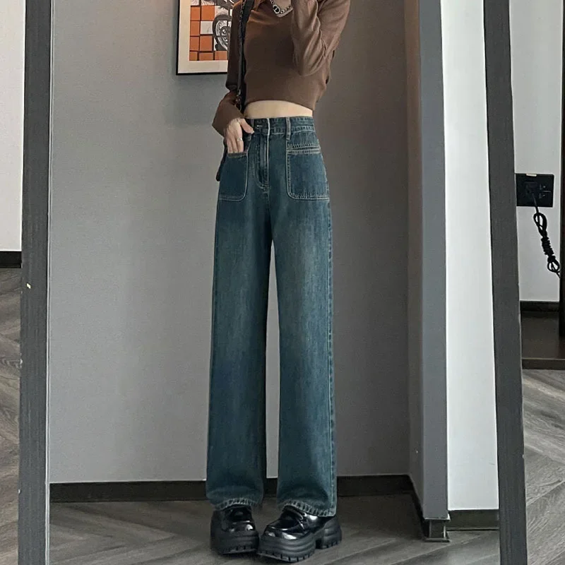 Women High Waist Jeans Straight Trousers Vintage Loose Denims Pockets Denim Full Length Streetwear Female Wide Leg Pants