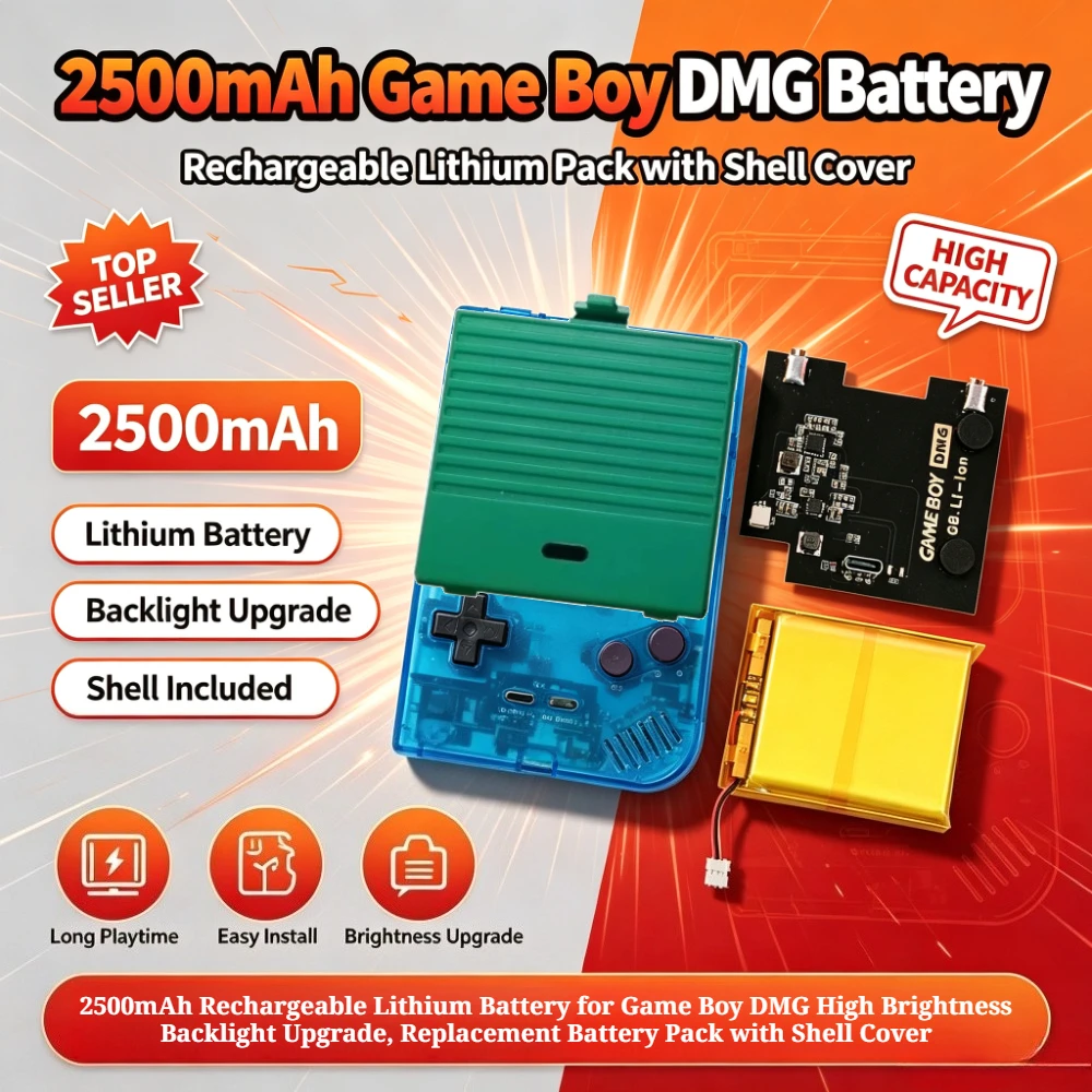 2500mAh Rechargeable Lithium Battery for Game Boy DMG High Brightness Backlight Upgrade, Replacement Battery with Shell Cover