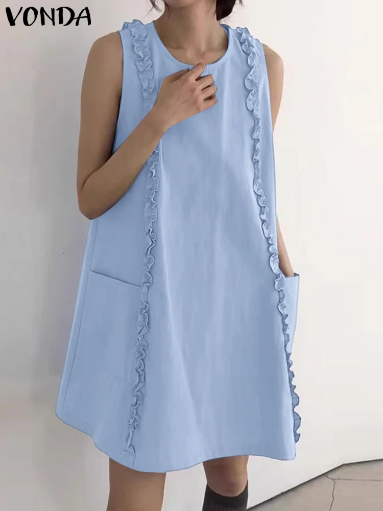 

VONDA Sleeveless Mini Dress Pockets Summer Vestidos Women Casual Fashion Sundress 2025 Solid Color O Neck Ruffled Robe Oversized
