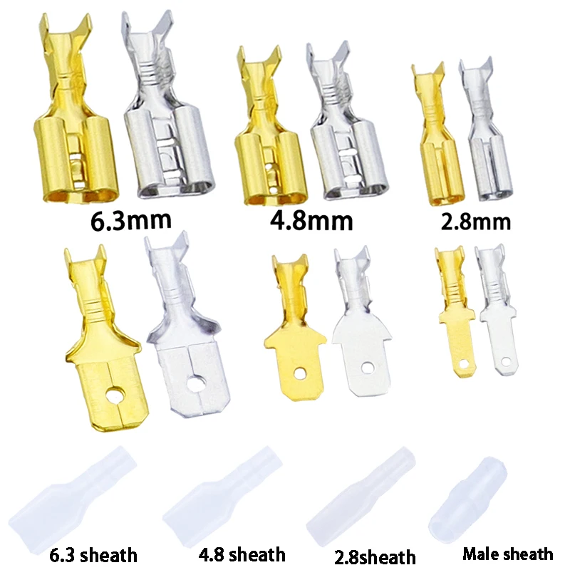 100 sztuk 2.8mm 4.8mm 6.3mm wtyczka sprężynowa kobieta mężczyzna Spade zimne zaciskane zaciski złącze głośnik samochodowy zestaw złączy przewodów elektrycznych