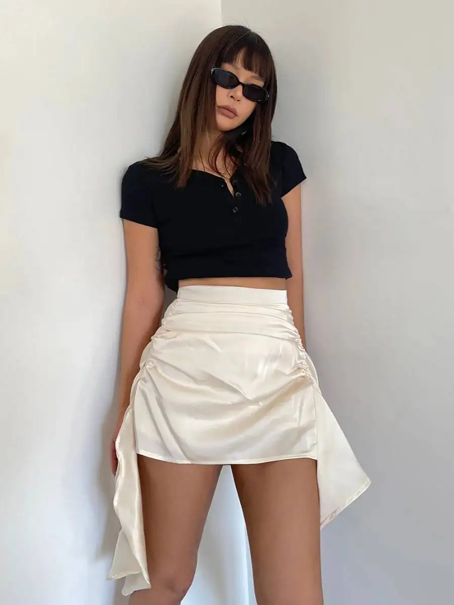 2026 Summer Spicy Girl Niche Design Sense Pure Desire Side Pleats Asymmetrical High Waisted Sexy Slim A-line Short Skirt NA6R