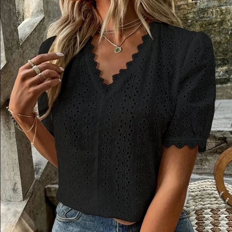 2023 Summer Fashion Women Blouse Office Lady Elegant Top Lace Spliced Hollow Solid Shirt V-neck Puff Sleeve Leisure Blouse