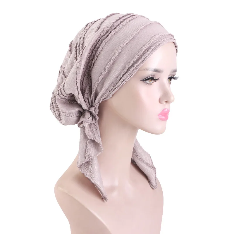 Fashion Women Stripe Lace Turban Hat Elastic Hair Care Head Wrap Chemotherapy Cap Ladies Hair Protection Beanie Hat Bonnet Cover