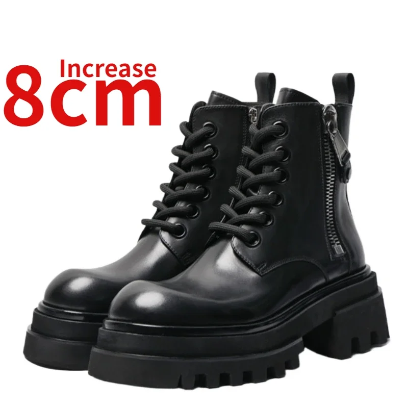 New Side Zipper Design Genuine Leather Thick Soled Black Locomotive Boots Motorcycle Boots Shoes for Men's Increased 8cm British