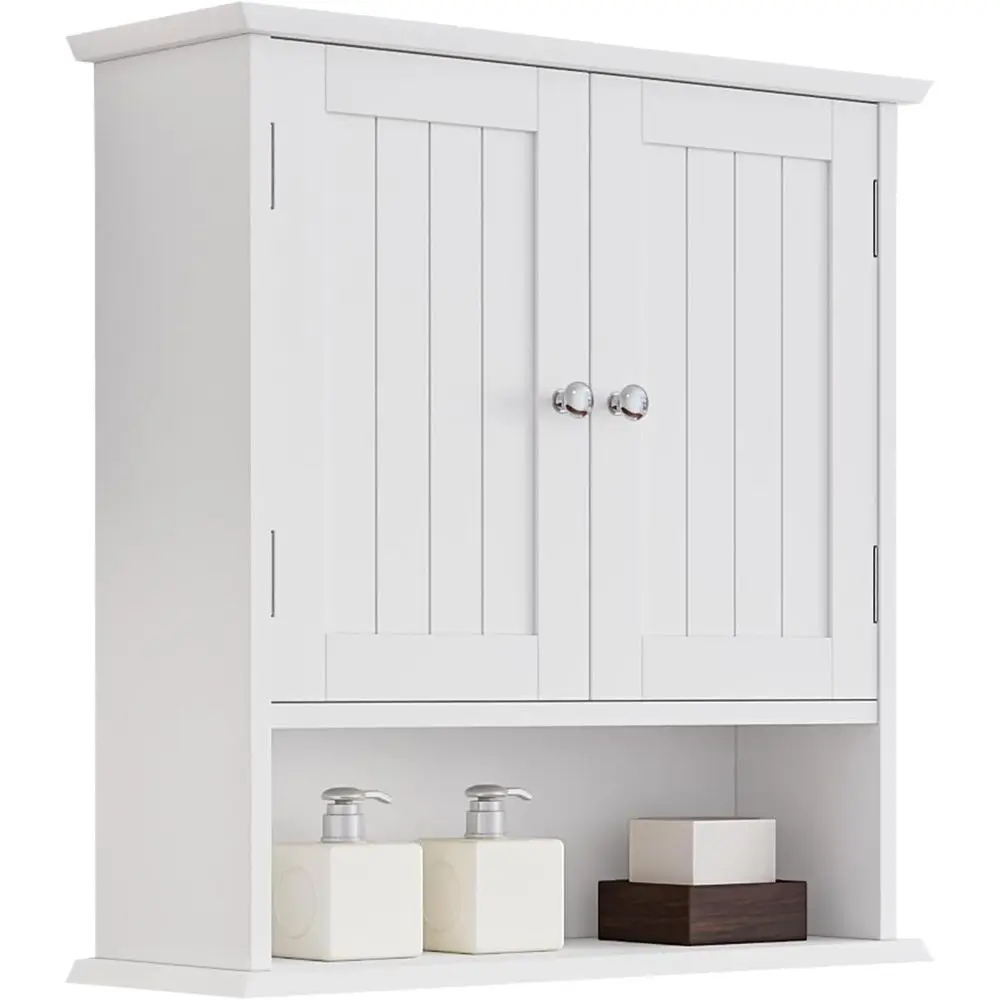 

Компактный настенный шкаф для ванной комнаты над унитазом с 2 дверцами и открытой полкой для хранения