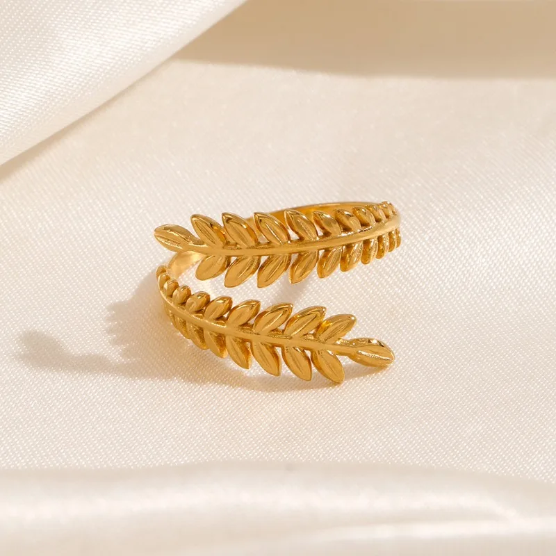 

Fashionable adjustable branch leaf stainless steel index finger ring, personalized daily wear golden-plated ring for women