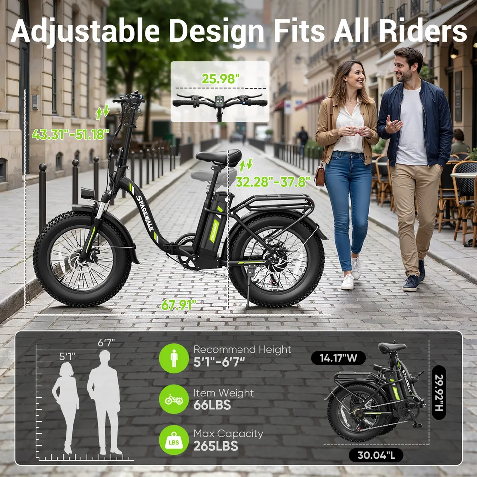 Spacewalk 1500W Foldable Electric Bike for Adults 20x4.0 Folding E-Bike 48V 15Ah Removable Battery 28MPH Long Range 45-60 Miles 7-Speed Gears 5 PAS with NFC Unlock image 9